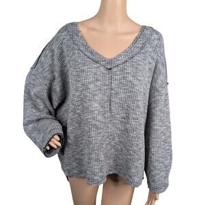 POL Gray Minimalist Ribbed Space Dye V-neck Chunky Knit Pullover Sweater SZ S